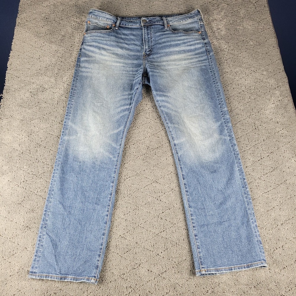 American Eagle Jeans Mens 38x32 Blue Relaxed Straight Leg Whisker Honeycomb